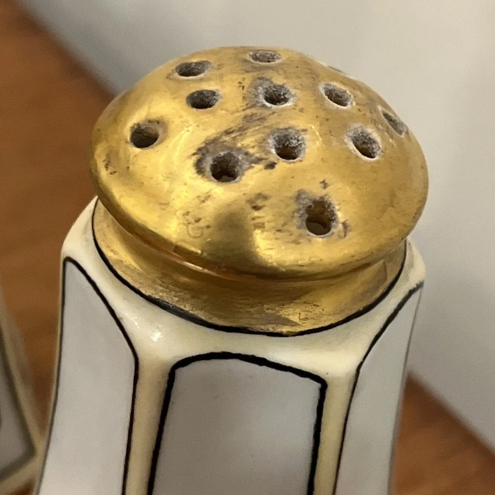 Pair O.& E.G. Royal Austria Gold Top Salt And Pepper Shakers, Art Deco, Painted